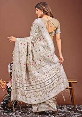 Brown Woven Cotton Blend Saree Set