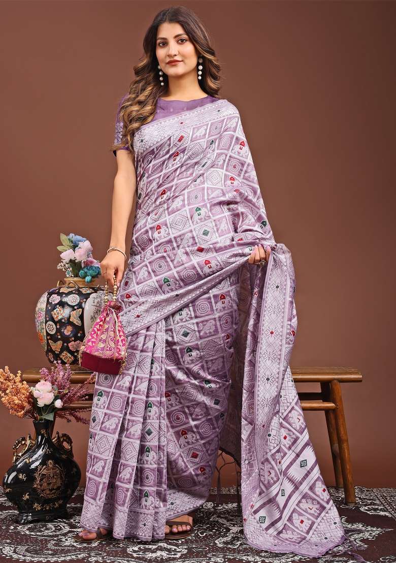 Purple Woven Cotton Blend Saree Set - Indya