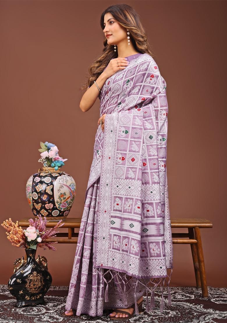 Purple Woven Cotton Blend Saree Set