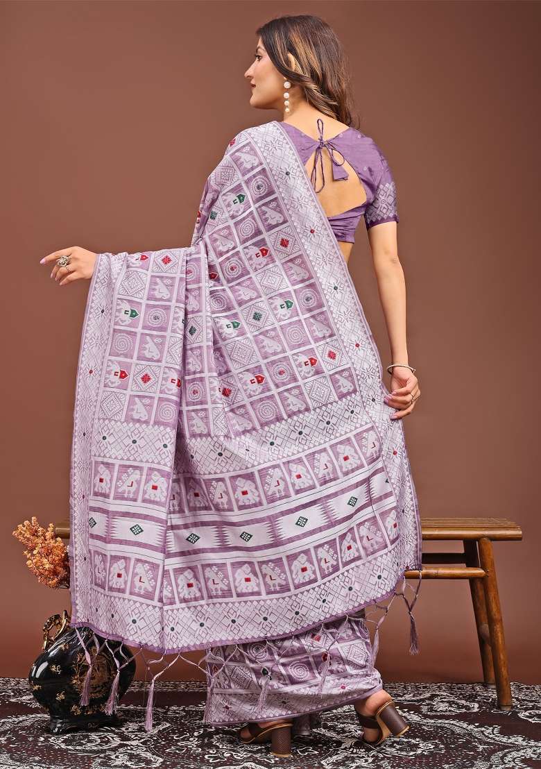 Purple Woven Cotton Blend Saree Set - Indya