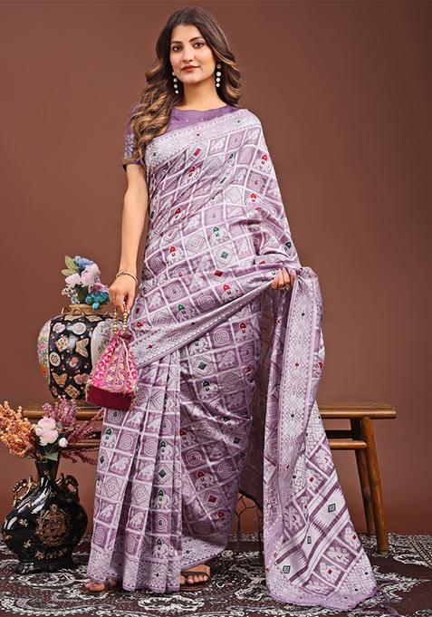 Purple Woven Cotton Blend Saree Set