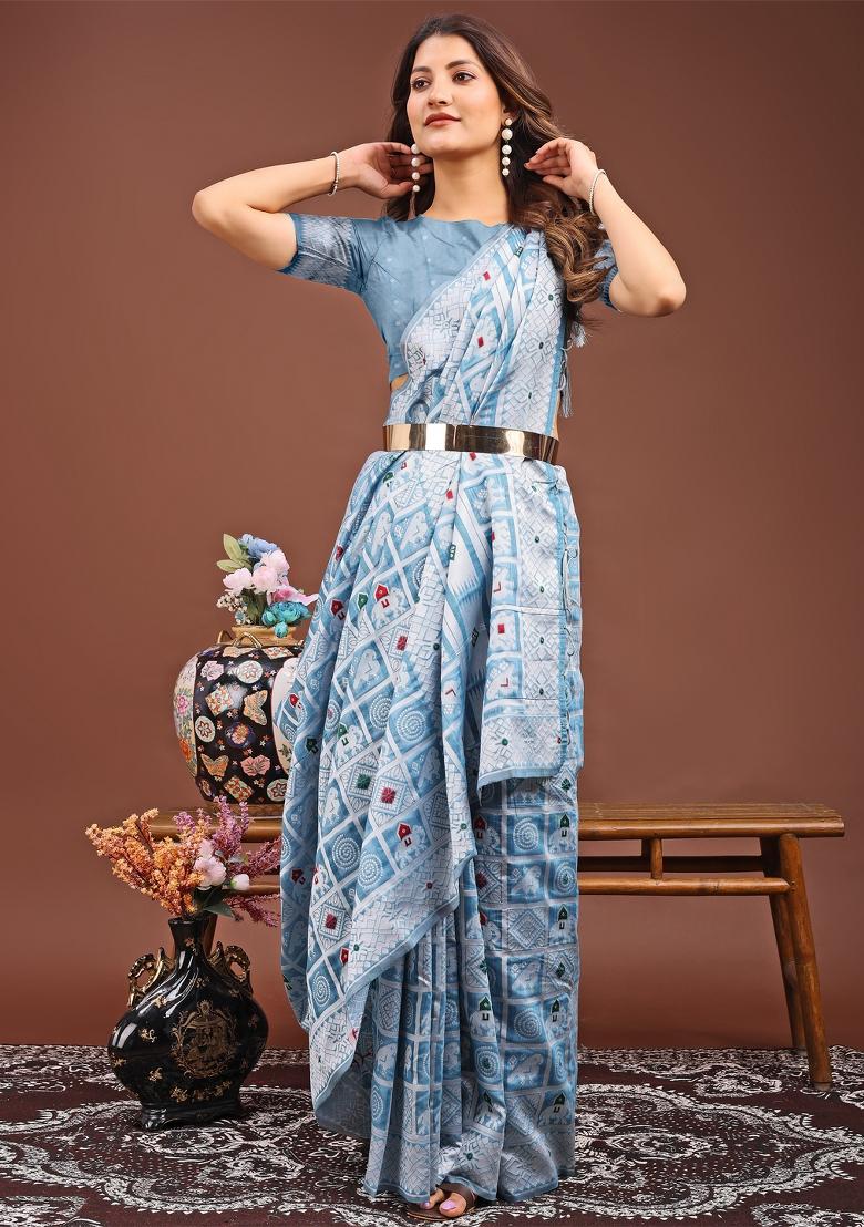 Sky Blue Woven Cotton Blend Saree Set