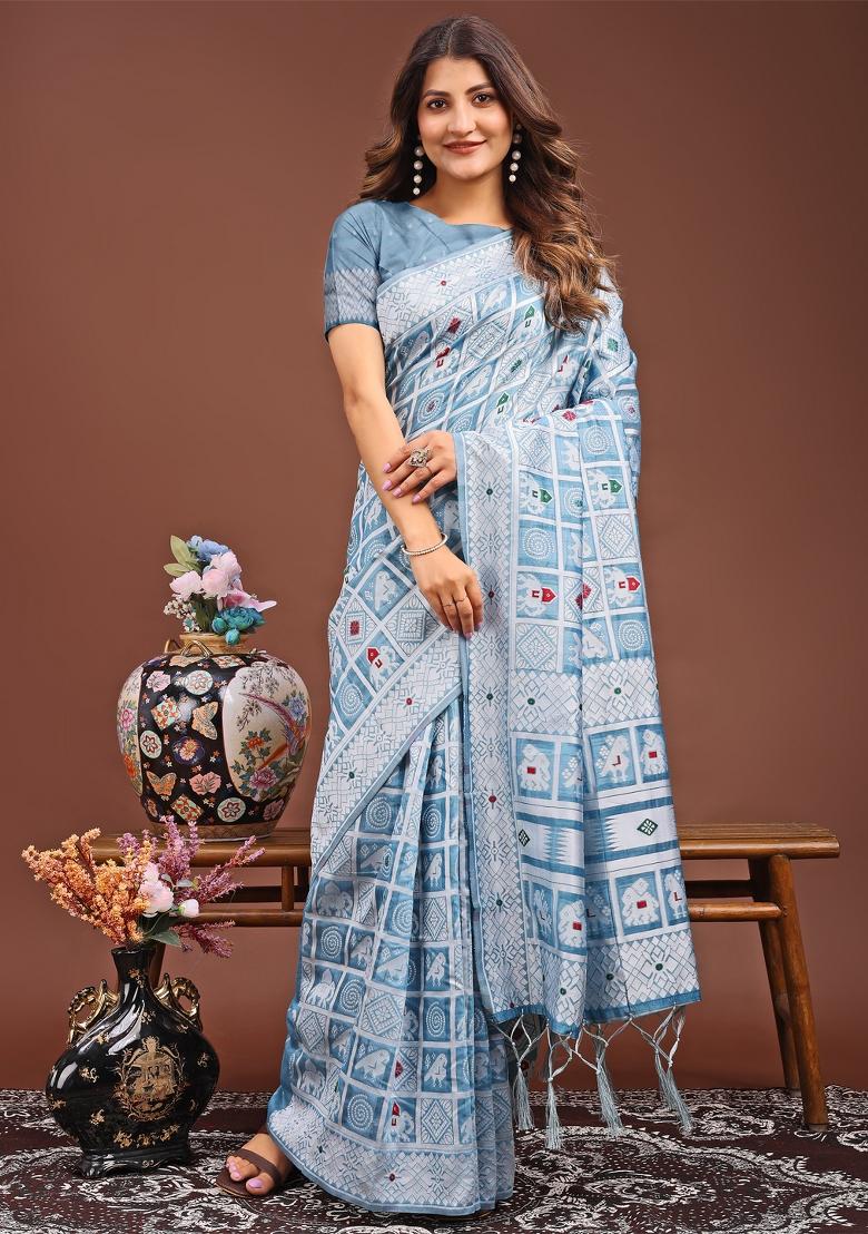 Sky Blue Woven Cotton Blend Saree Set