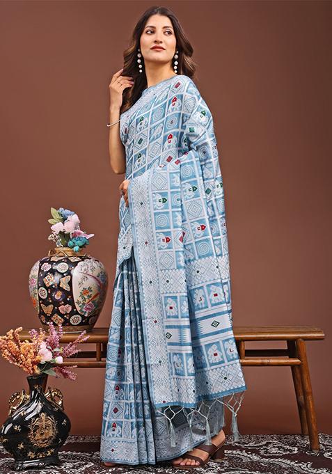 Sky Blue Woven Cotton Blend Saree Set
