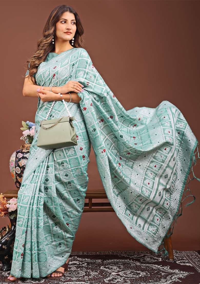 Sea Green Woven Cotton Blend Saree Set - Indya