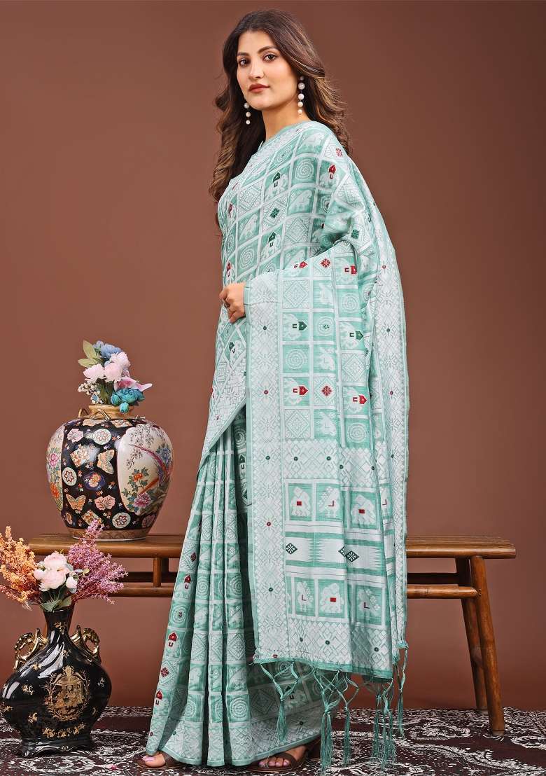 Sea Green Woven Cotton Blend Saree Set - Indya