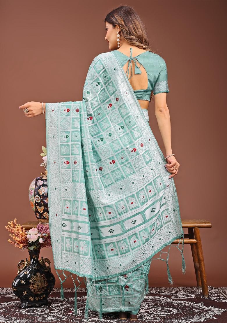 Sea Green Woven Cotton Blend Saree Set