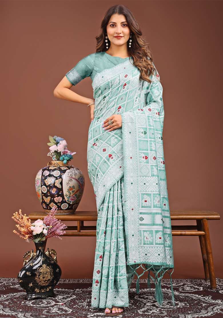 Sea Green Woven Cotton Blend Saree Set - Indya