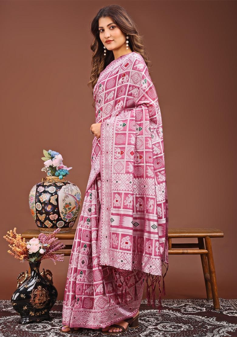 Pink Woven Cotton Blend Saree Set