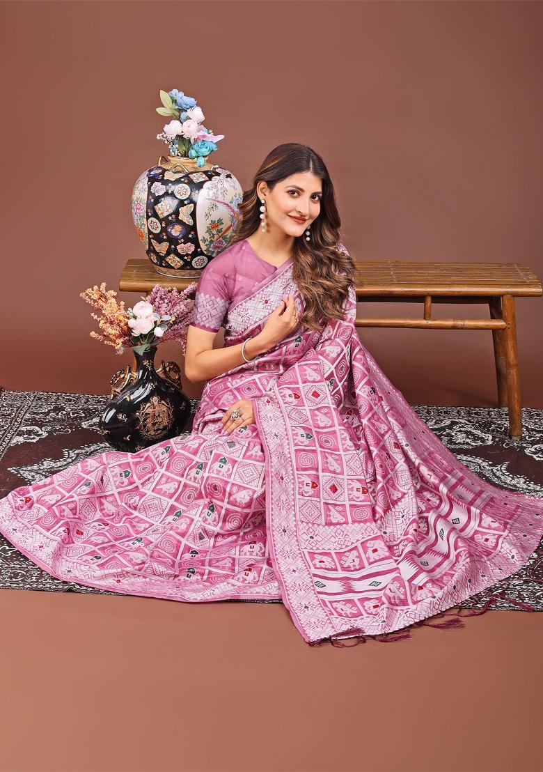Pink Woven Cotton Blend Saree Set