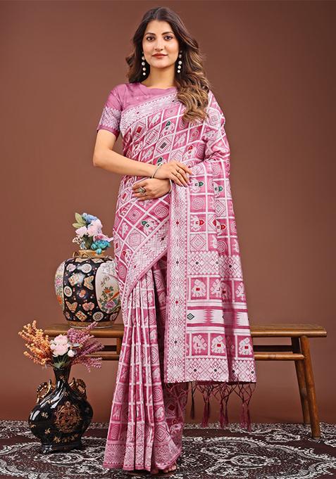 Pink Woven Cotton Blend Saree Set