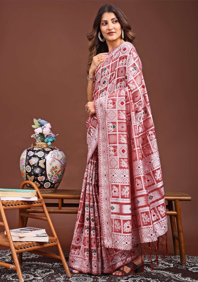 Peach Woven Cotton Blend Saree Set - Indya