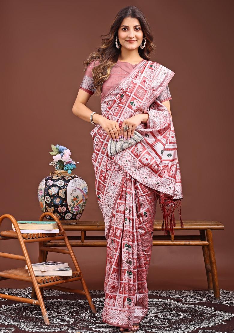 Peach Woven Cotton Blend Saree Set