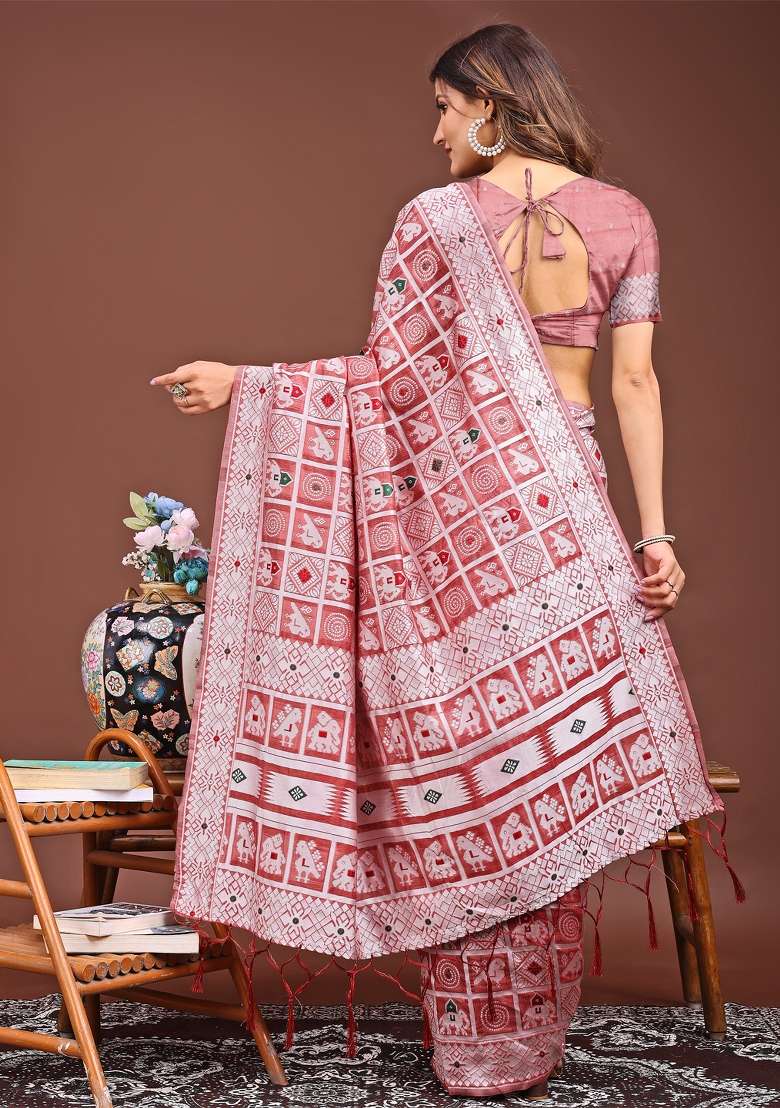 Peach Woven Cotton Blend Saree Set - Indya