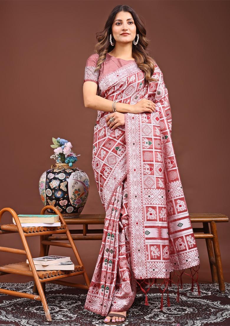 Peach Woven Cotton Blend Saree Set