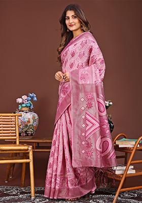 Pink Woven Cotton Blend Saree Set