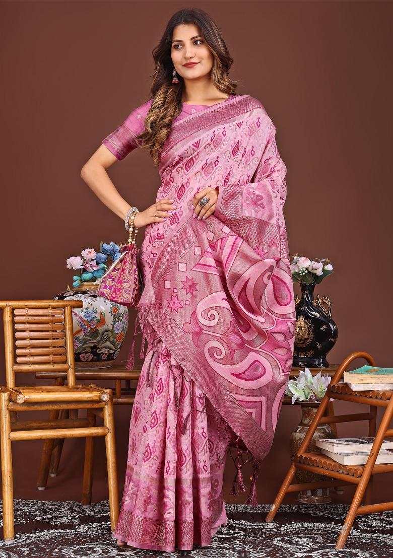 Pink Woven Cotton Blend Saree Set