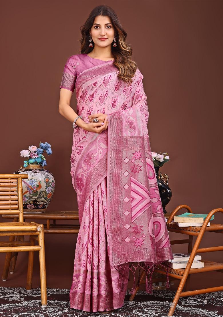 Pink Woven Cotton Blend Saree Set