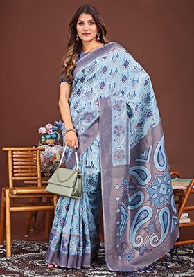 Sky Blue Woven Cotton Blend Saree Set