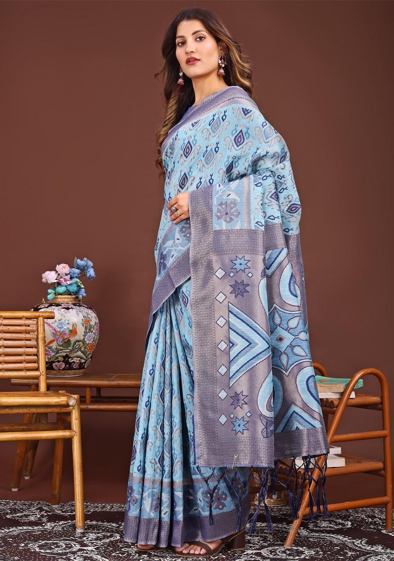 Sky Blue Woven Cotton Blend Saree Set