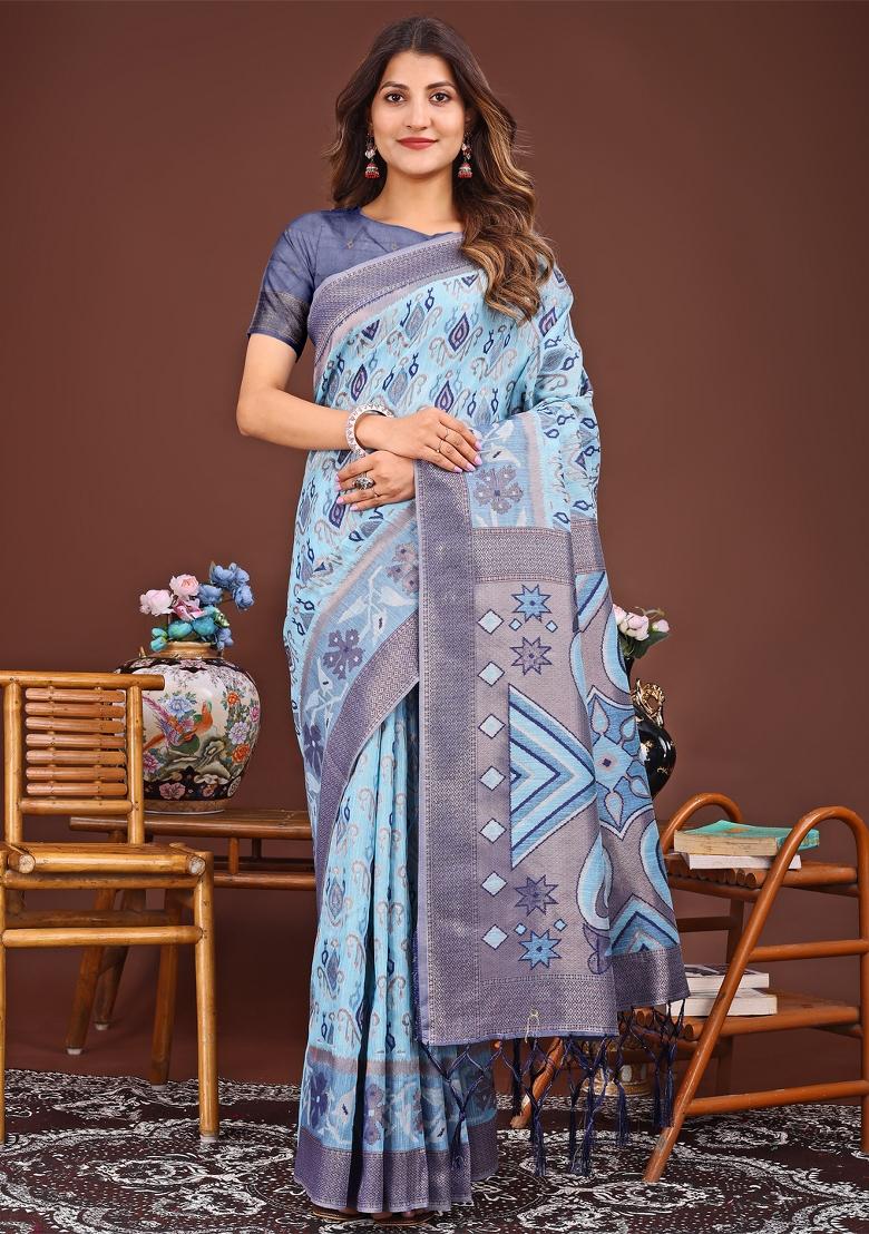 Sky Blue Woven Cotton Blend Saree Set