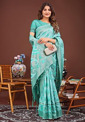 Sea Green Woven Cotton Blend Saree Set