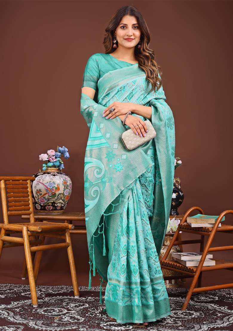 Sea Green Woven Cotton Blend Saree Set - Indya