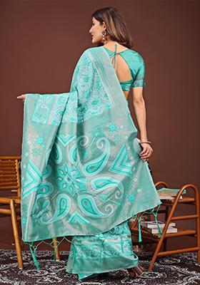 Sea Green Woven Cotton Blend Saree Set