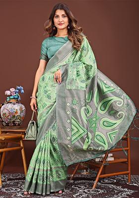 Light Green Woven Cotton Blend Saree Set