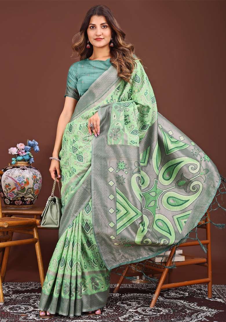 Light Green Woven Cotton Blend Saree Set - Indya