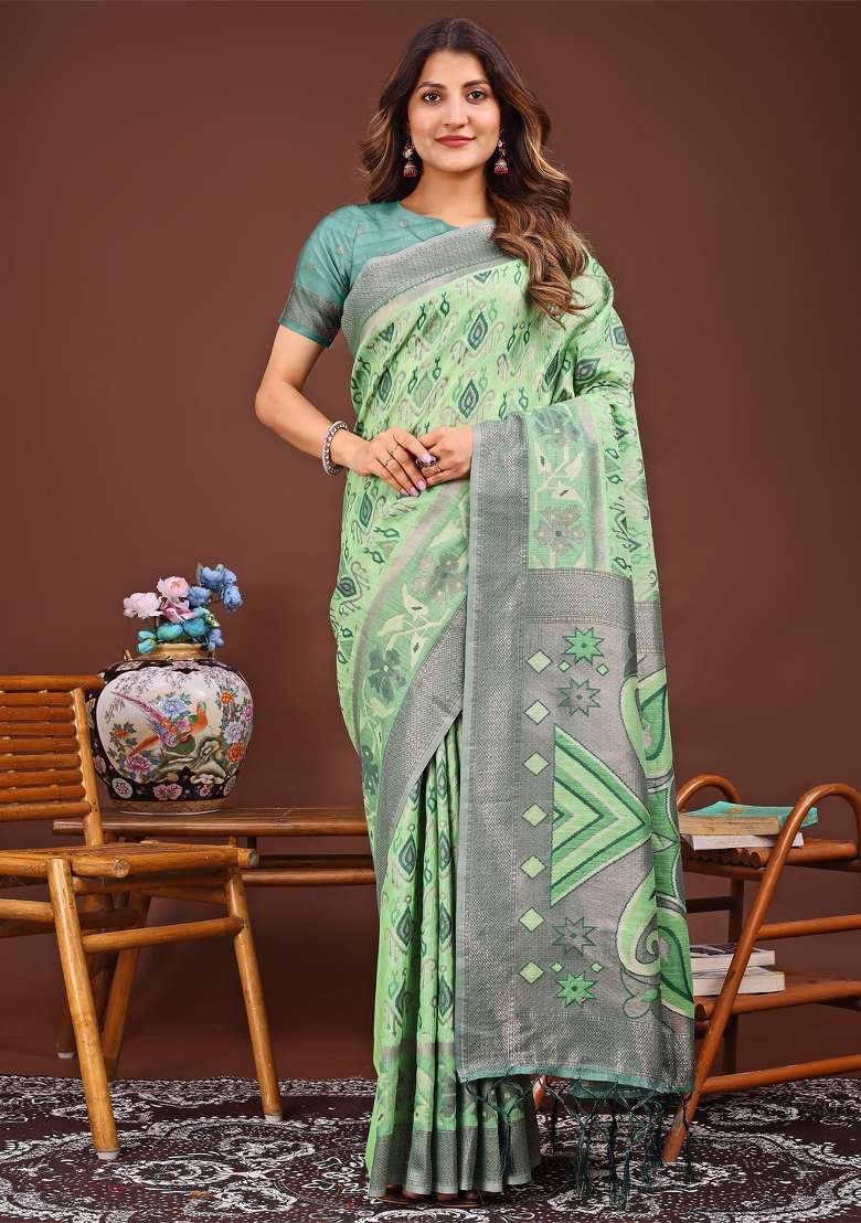 Light Green Woven Cotton Blend Saree Set - Indya