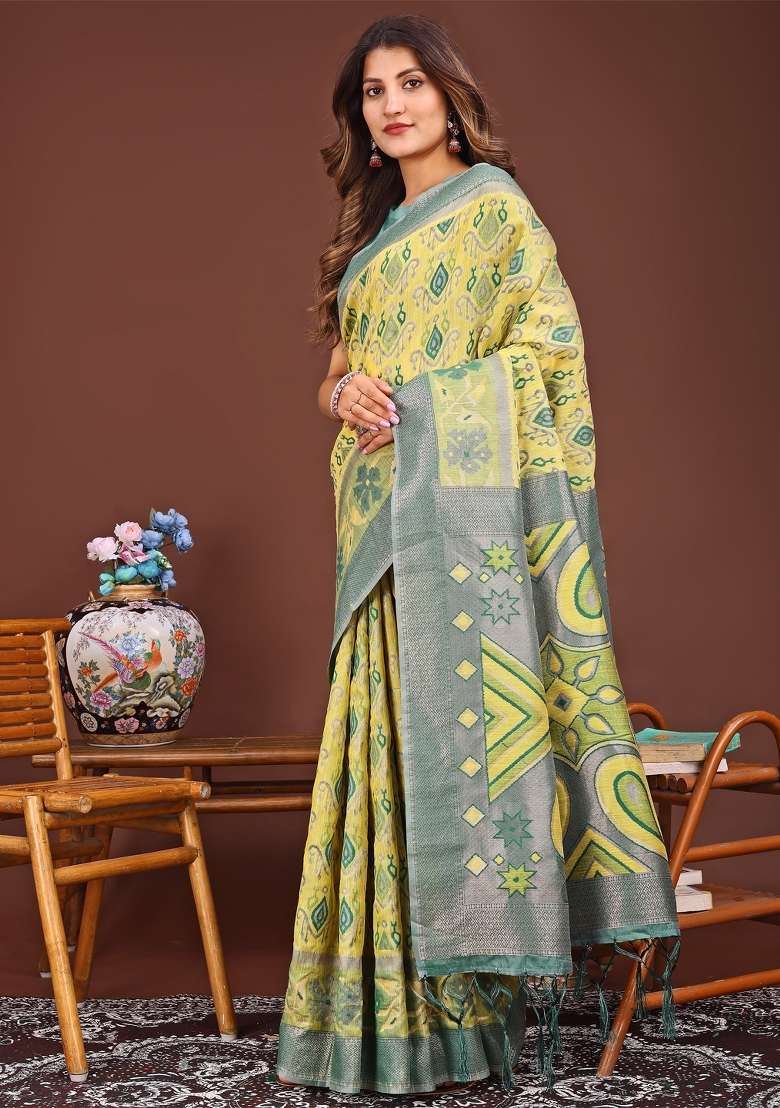 Yellow Woven Cotton Blend Saree Set - Indya