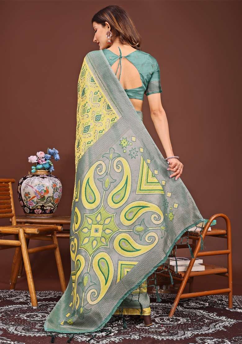 Yellow Woven Cotton Blend Saree Set - Indya