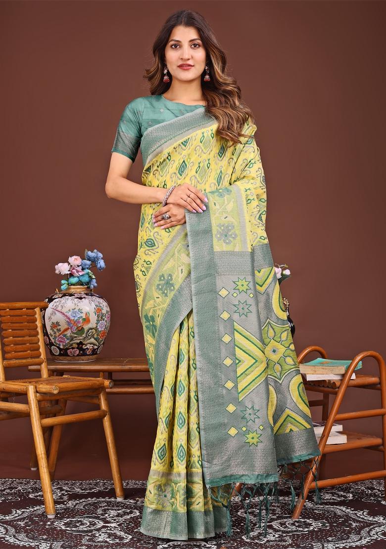 Yellow Woven Cotton Blend Saree Set