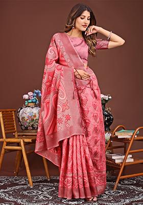 Peach Woven Cotton Blend Saree Set