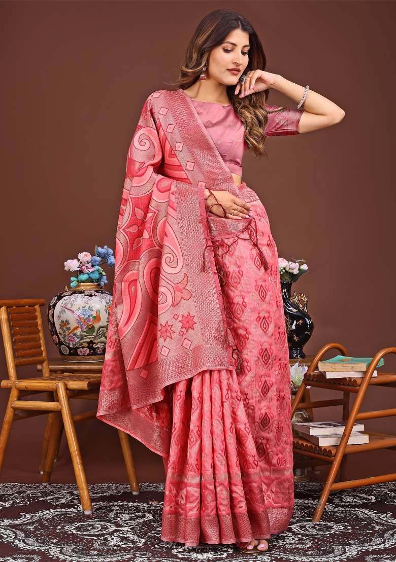 Peach Woven Cotton Blend Saree Set - Indya