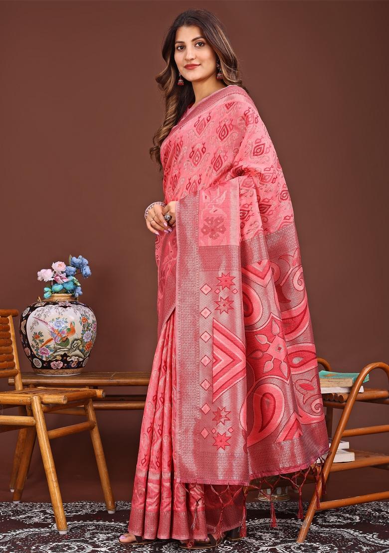 Peach Woven Cotton Blend Saree Set