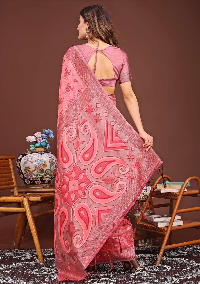 Peach Woven Cotton Blend Saree Set - Indya
