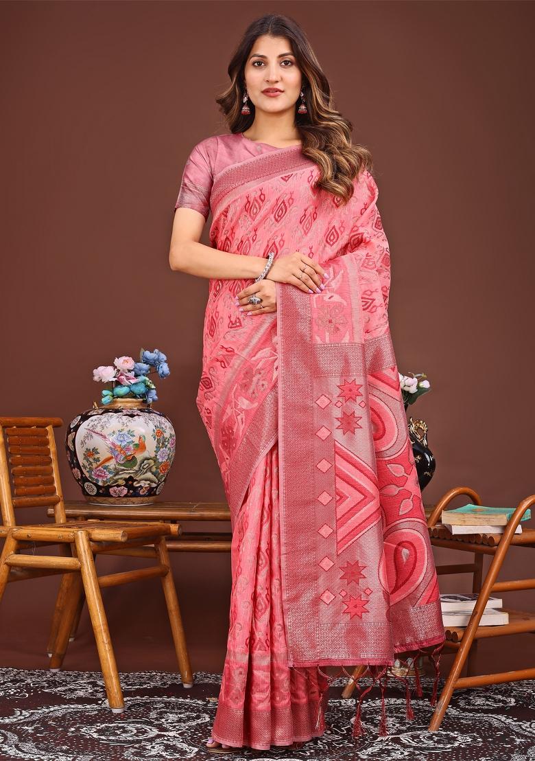 Peach Woven Cotton Blend Saree Set