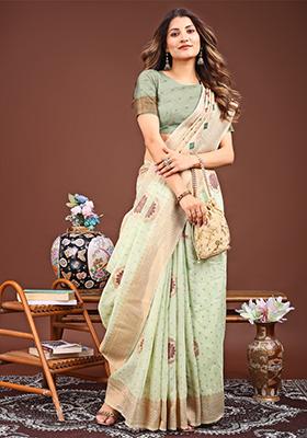Sea Green Woven Cotton Blend Saree Set