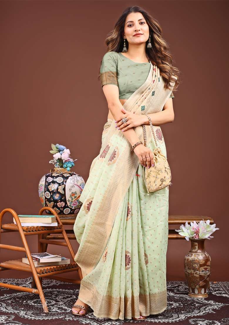 Sea Green Woven Cotton Blend Saree Set - Indya