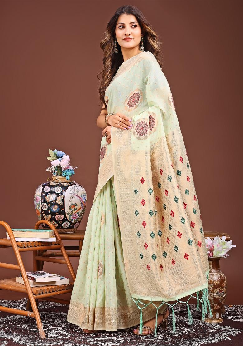 Sea Green Woven Cotton Blend Saree Set