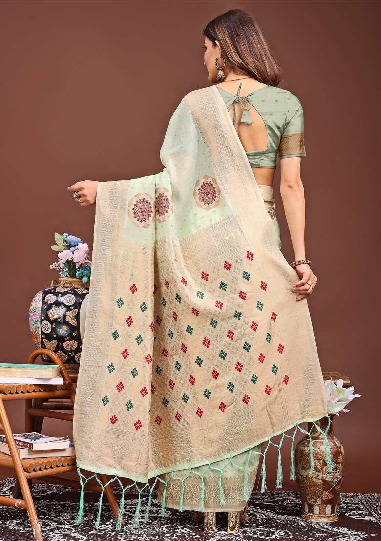 Sea Green Woven Cotton Blend Saree Set - Indya
