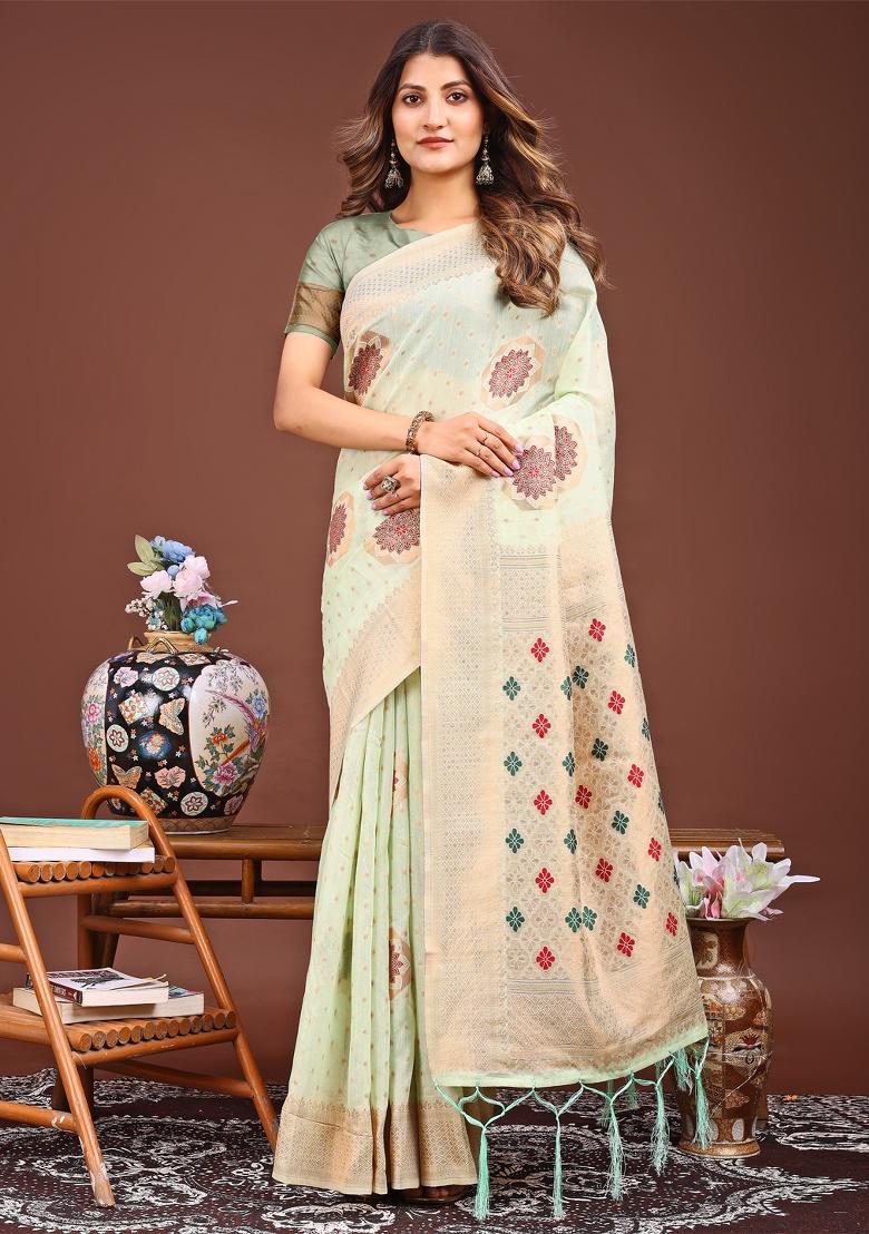 Sea Green Woven Cotton Blend Saree Set
