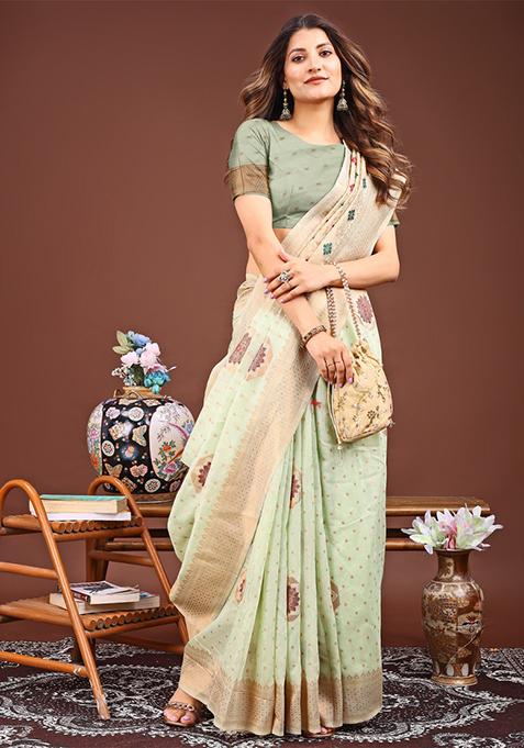 Sea Green Woven Cotton Blend Saree Set
