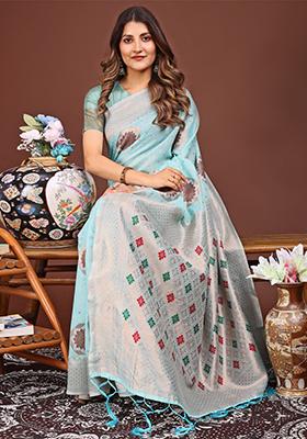 Sky Blue Woven Cotton Blend Saree Set