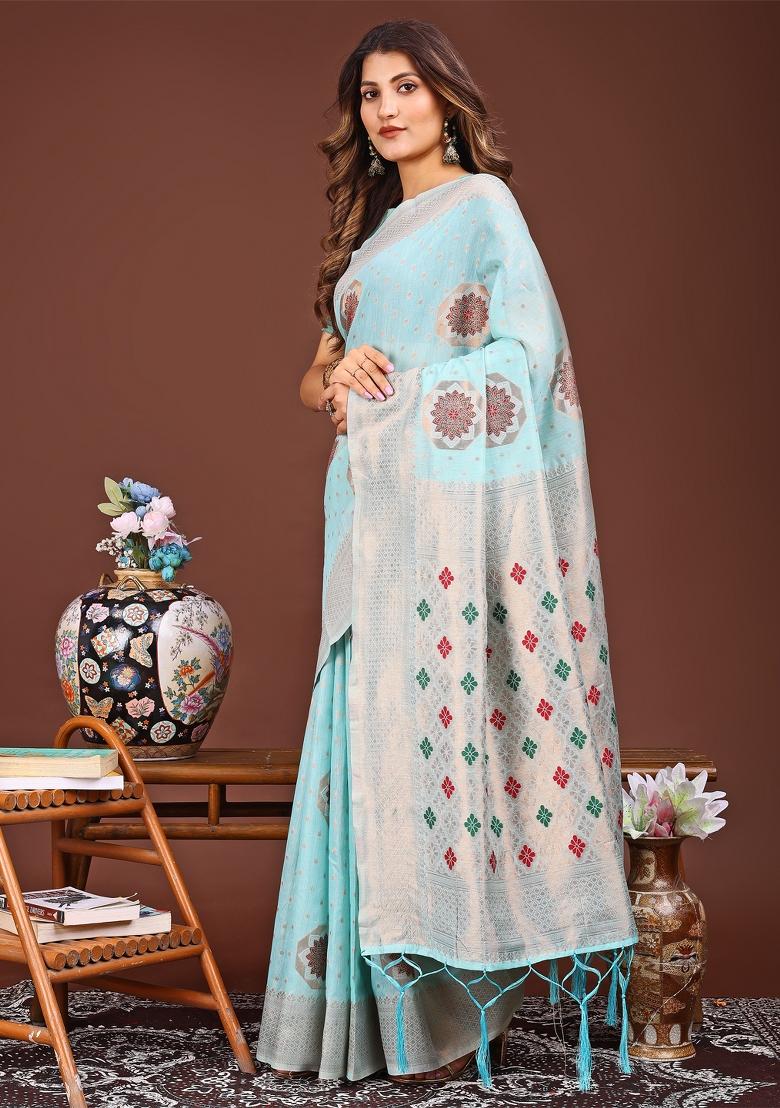 Sky Blue Woven Cotton Blend Saree Set