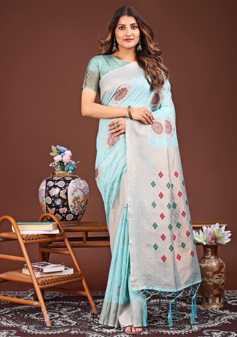 Sky Blue Woven Cotton Blend Saree Set