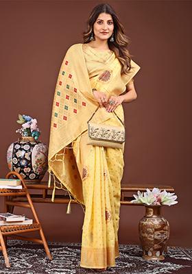 Yellow Woven Cotton Blend Saree Set
