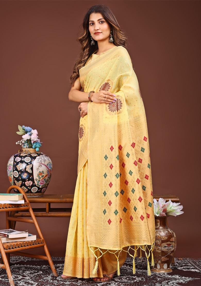 Yellow Woven Cotton Blend Saree Set